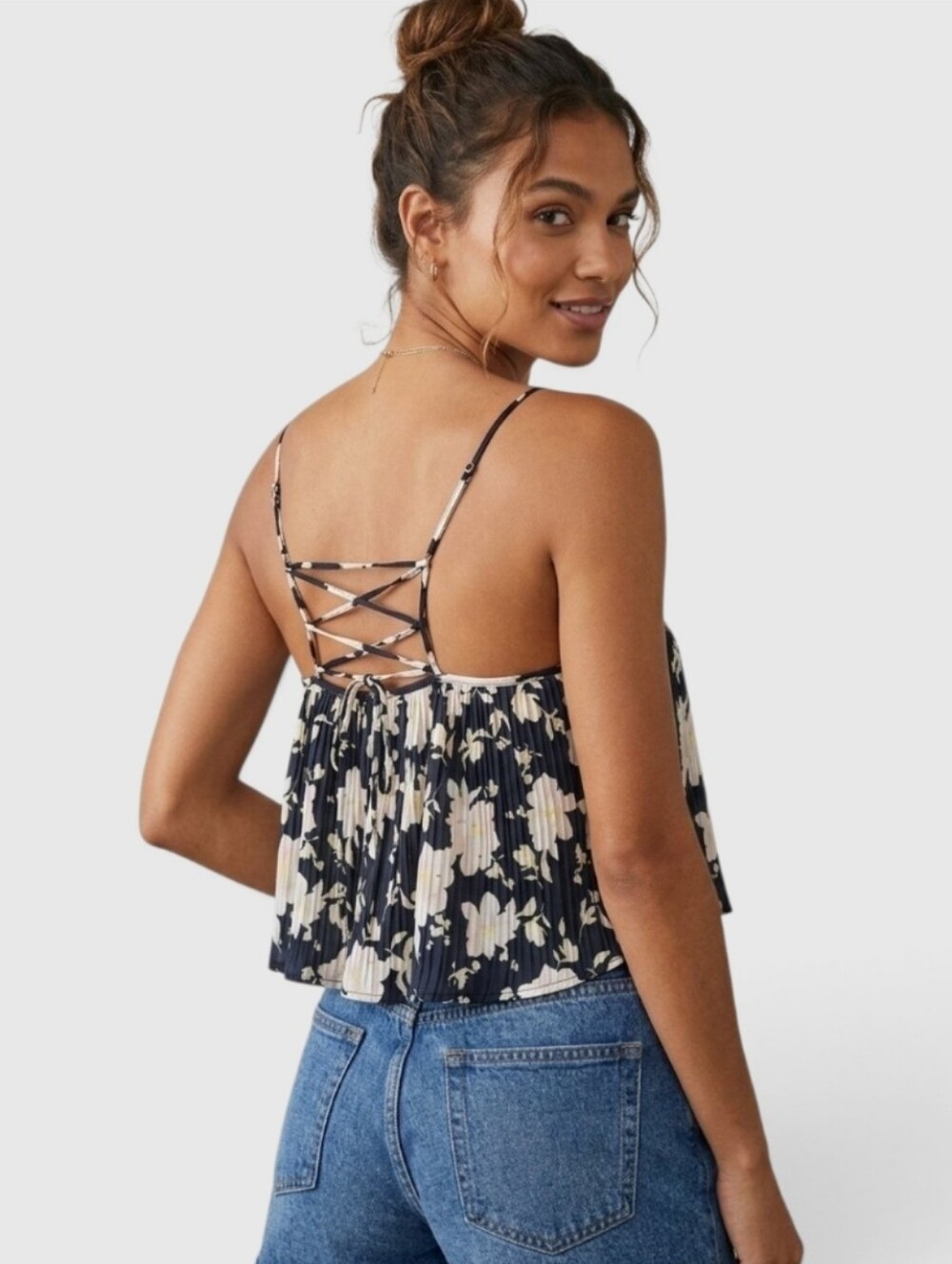 FREE PEOPLE Intimately Black Pink Satin Floral Cropped Cami Size XS Coquette